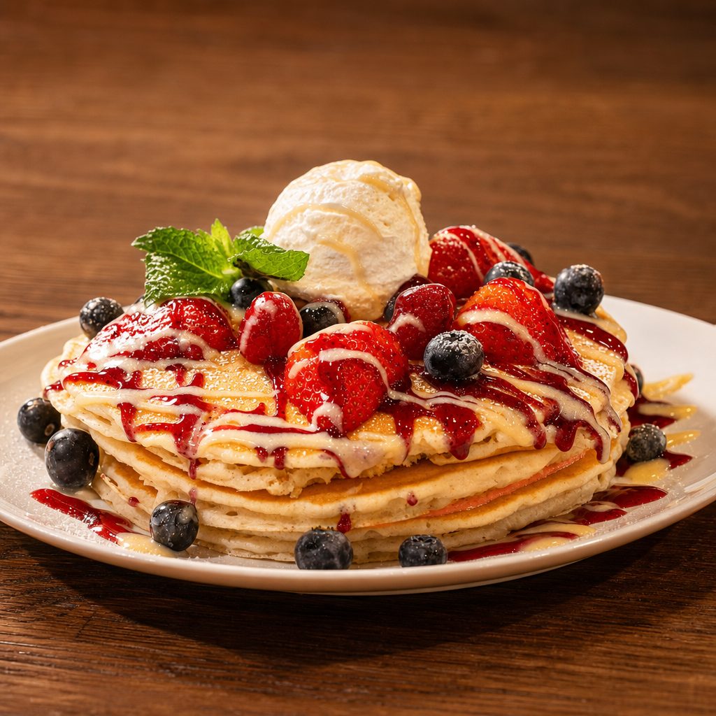 Triple Berries & Cream Pancakes.